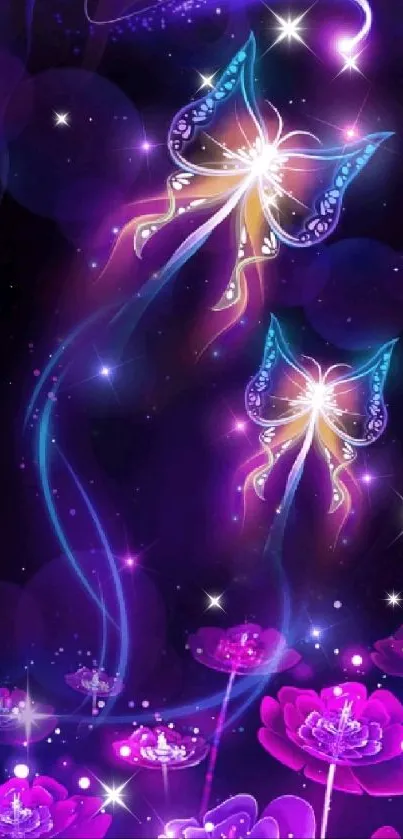 Mystical butterflies and lotus flowers glowing at night.