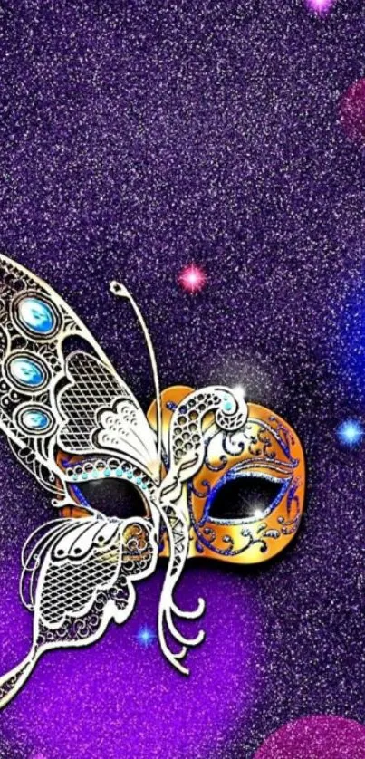 Vibrant butterfly and mask on starry purple background.