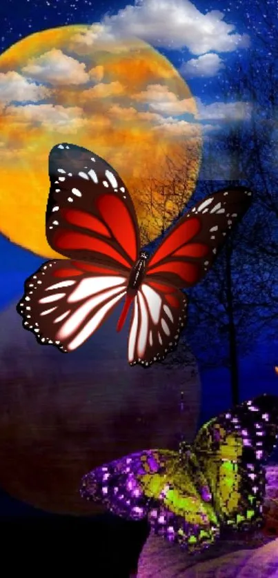 Red butterfly against a moonlit blue sky.