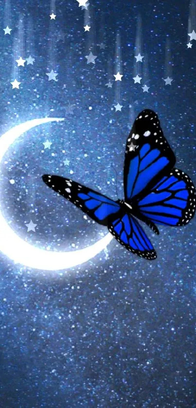 Blue butterfly with crescent moon in starry sky wallpaper.