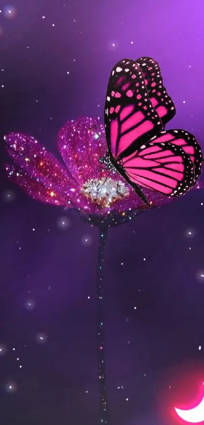 A vivid butterfly on a sparkly flower under a purple moonlit sky.