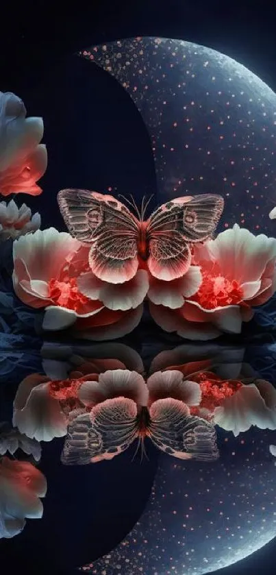 Butterfly with flowers and crescent moon in dark blue night.