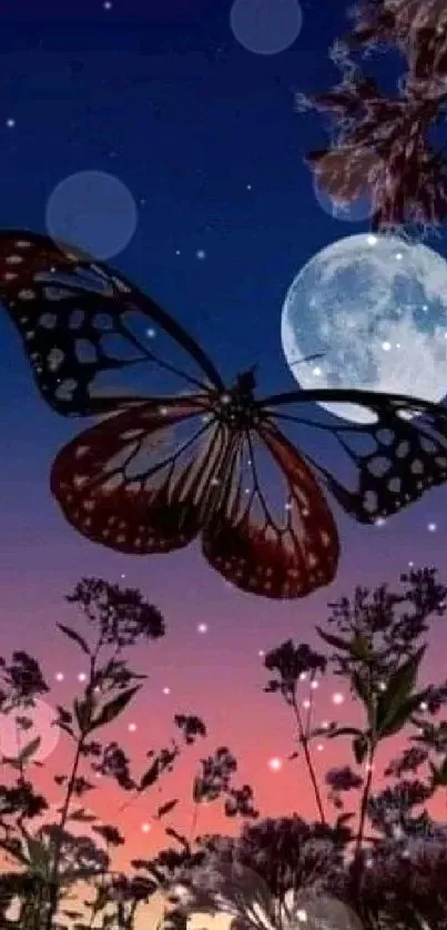 Butterfly silhouette against a moonlit, twilight sky with dark foliage.