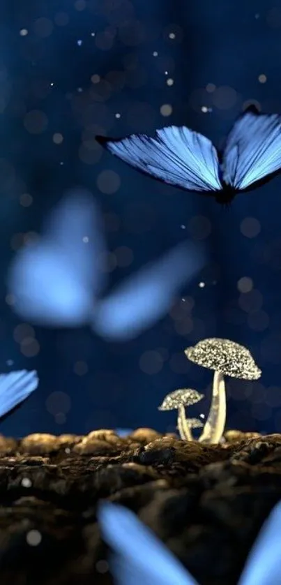 Butterflies hover over glowing mushrooms in a dark blue night setting.