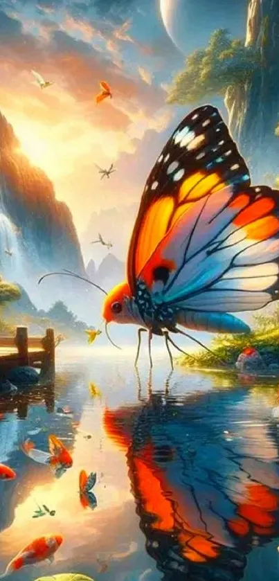 Colorful butterfly by a serene lake surrounded by nature.