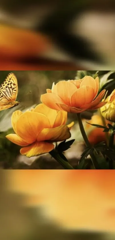 Mobile wallpaper with butterfly and orange flowers in a serene setting.