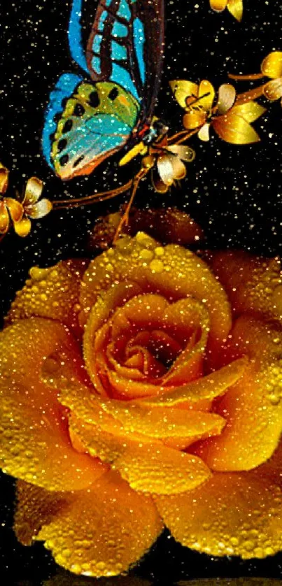 Blue butterfly resting on dewy orange rose with golden accents.