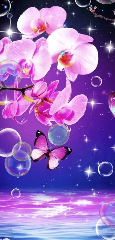 Purple orchids and butterflies with sparkling night sky.