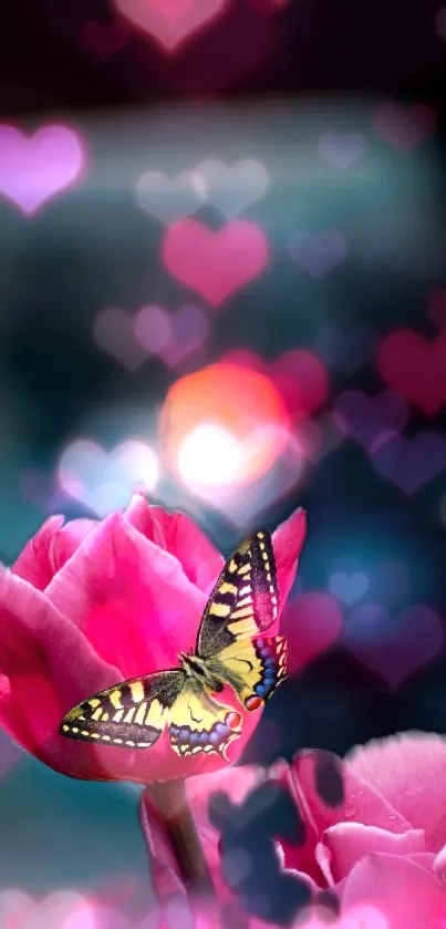 A vibrant butterfly rests on pink roses with a bokeh background.