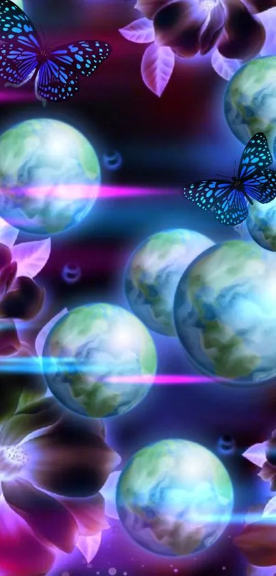 Vibrant fantasy wallpaper with planets and butterflies.