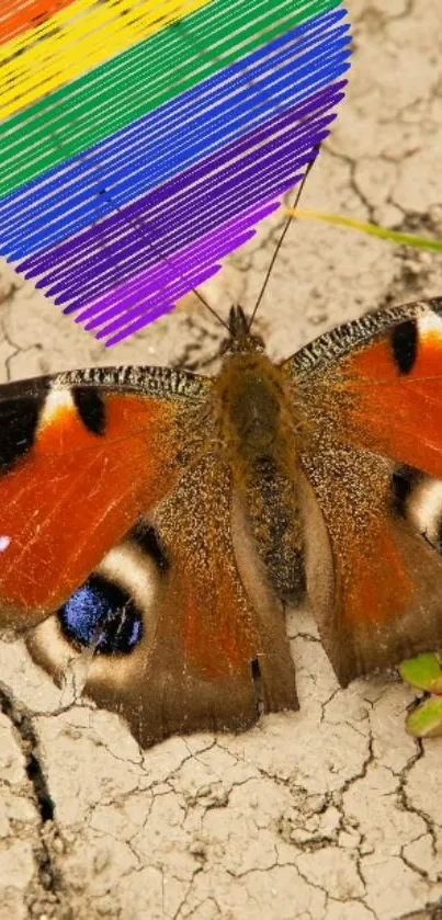 Butterfly resting on cracked ground with rainbow heart above.