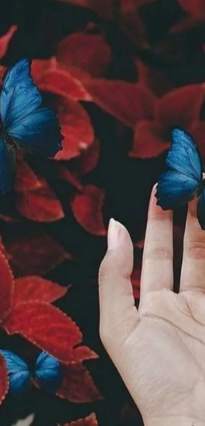 Blue butterflies on red leaves with a tattooed hand.