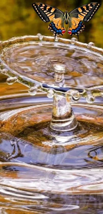 Butterfly hovering above water ripples creating a serene scene.