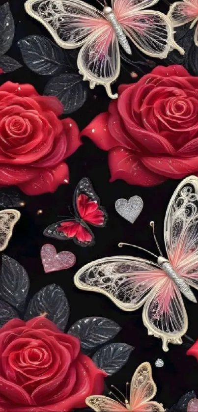 Red roses and butterflies on dark background in artistic floral design.