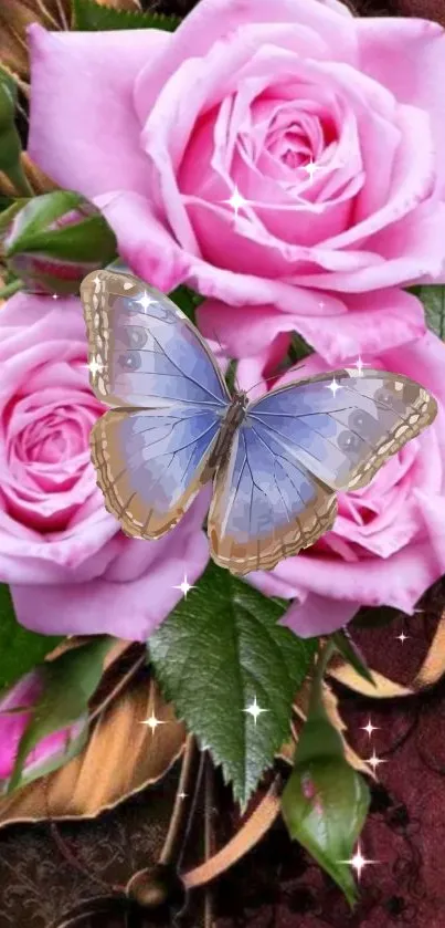 Pink roses with a butterfly, enhancing elegance.