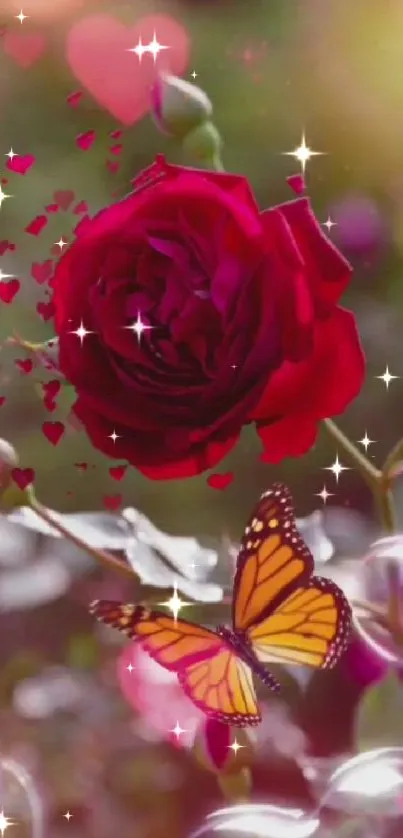 Beautiful red rose with butterfly and hearts on a mobile wallpaper.