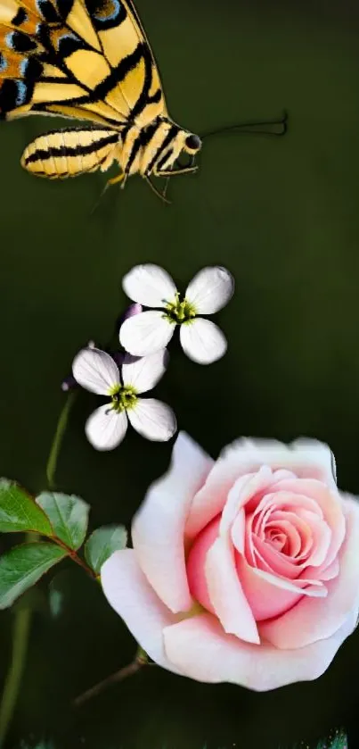 Vibrant butterfly and pink rose on a green background with delicate flowers.