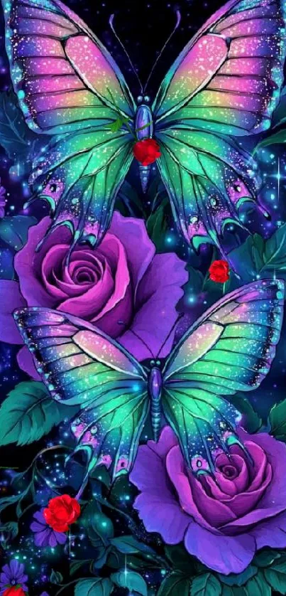 Colorful butterflies and purple roses on a starry background.