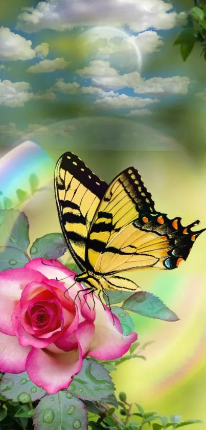 Butterfly on rose with vibrant green background in fantasy art wallpaper.