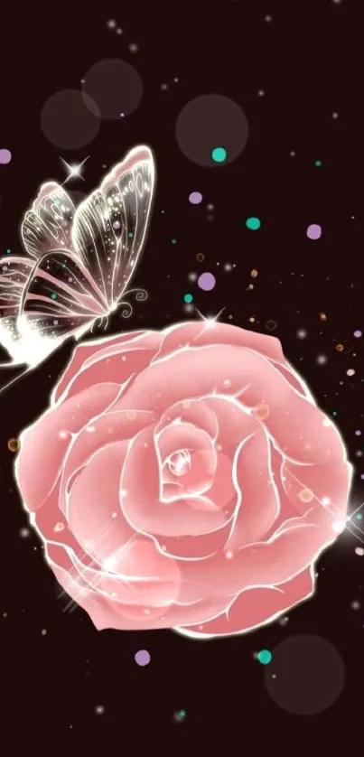 Elegant butterfly and pink rose with dark background wallpaper.