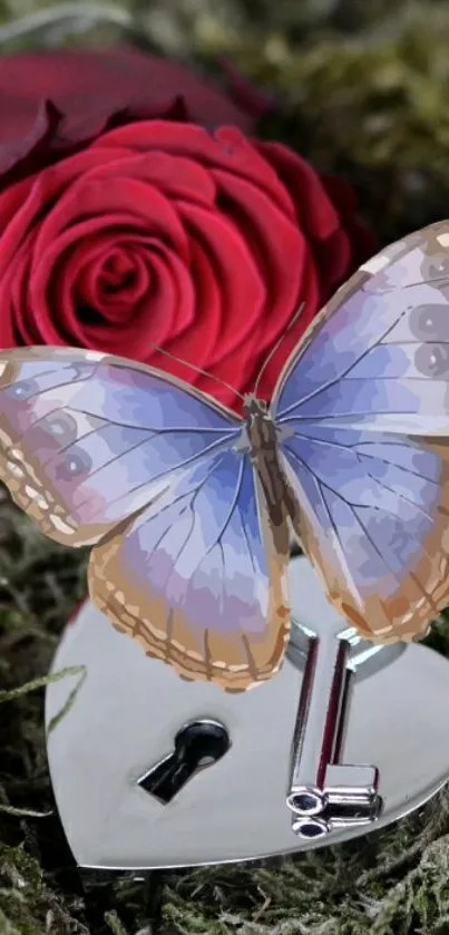 Butterfly on heart lock with red rose backdrop.