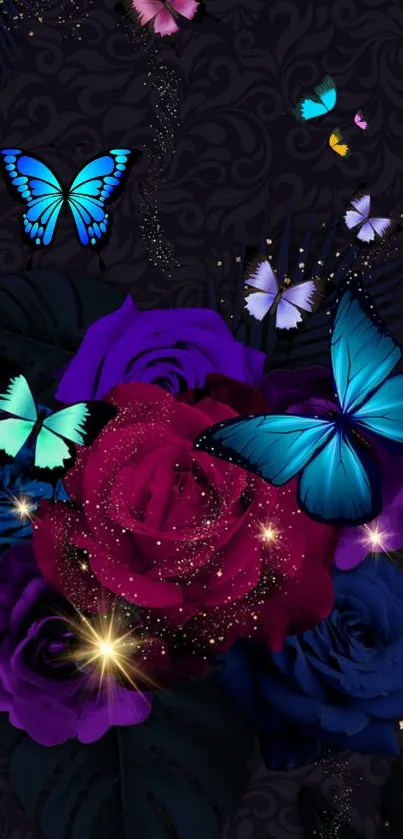 Vibrant blue butterflies on roses with dark floral wallpaper.