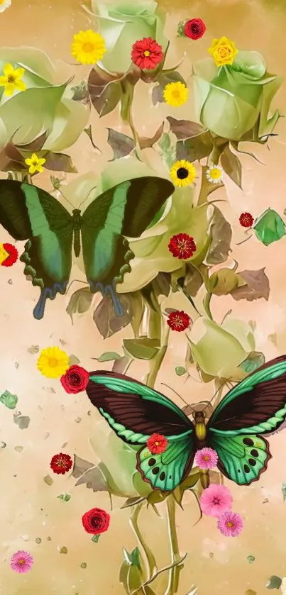 Green butterflies with colorful roses on artistic wallpaper.