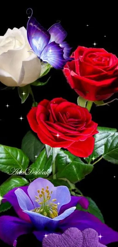 Elegant roses and butterfly on a dark background creating an artistic mobile wallpaper.