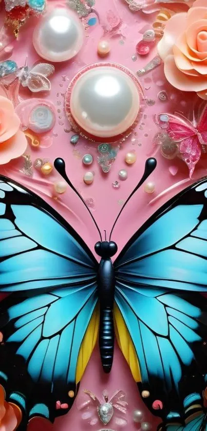 Vibrant butterfly with roses and jewels mobile wallpaper.
