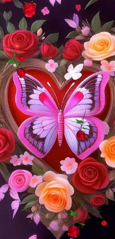 Vibrant butterfly surrounded by heart-shaped roses.