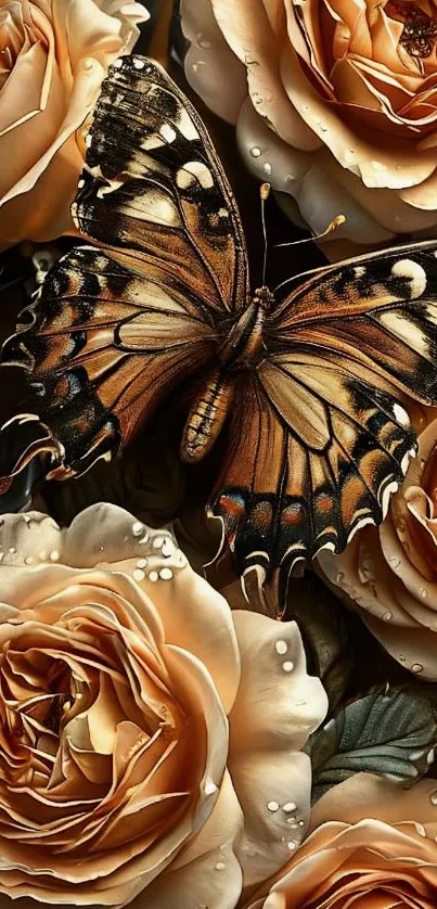 Butterfly resting on orange roses, artistic wallpaper.