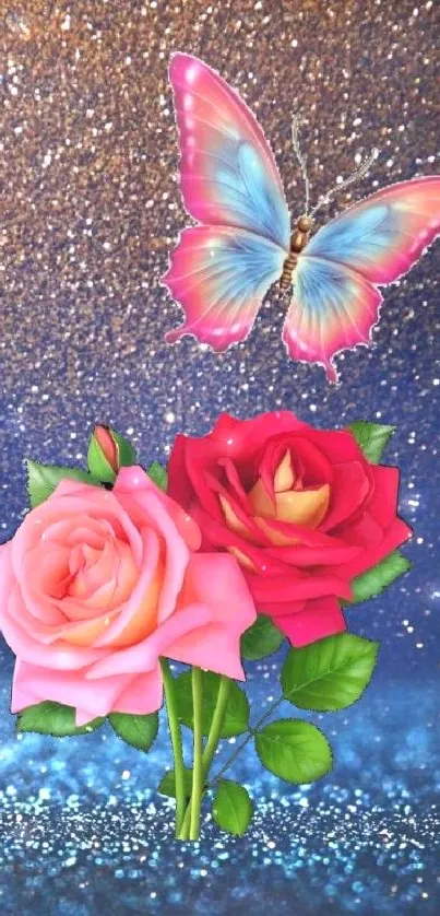 Colorful butterfly above roses with starry backdrop.