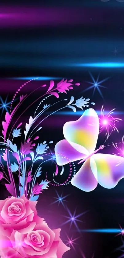 Vibrant wallpaper with glowing butterfly and roses on a starry night background.