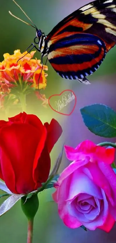 Vibrant butterfly resting on colorful roses.