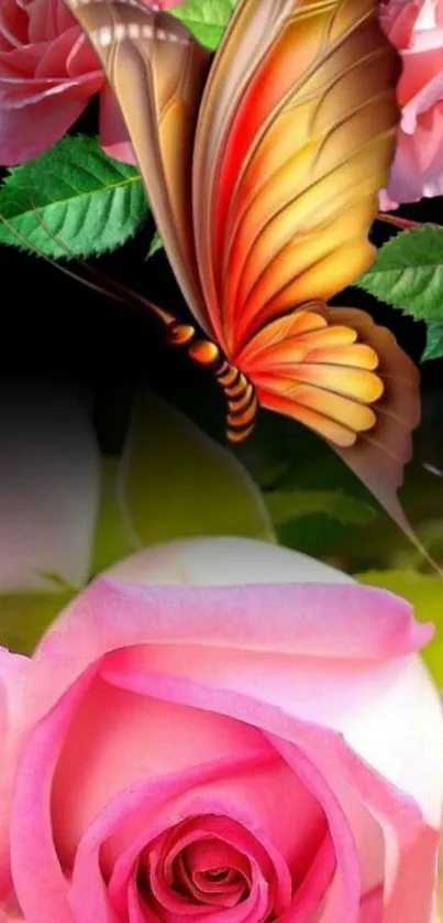 Vibrant butterfly on pink roses wallpaper.