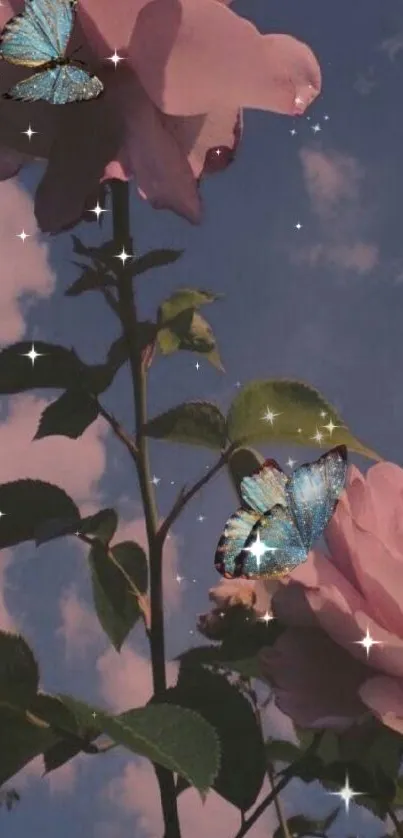 Beautiful pink roses with butterflies on a dreamy sky background.