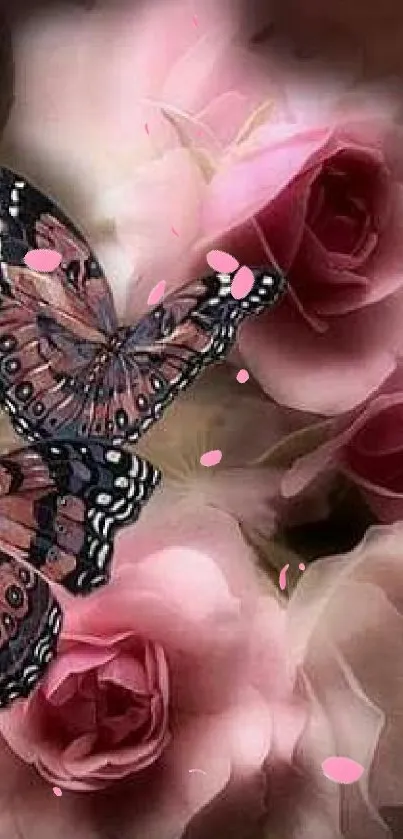 Butterflies resting on pink roses, soft and dreamy background.