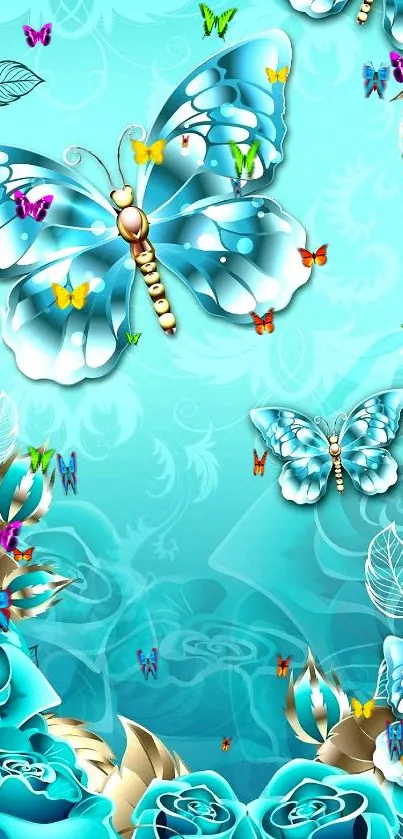 Teal wallpaper with butterflies and roses