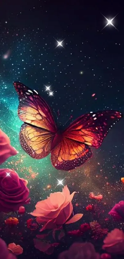 Vibrant butterfly among roses against a starry night sky background.