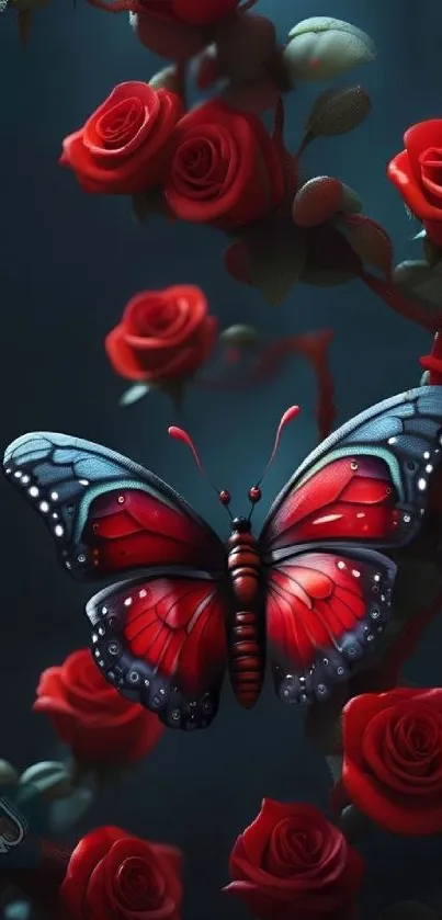 A vibrant butterfly perched on red roses.