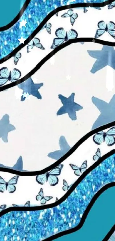 Blue waves with butterflies and stars wallpaper.