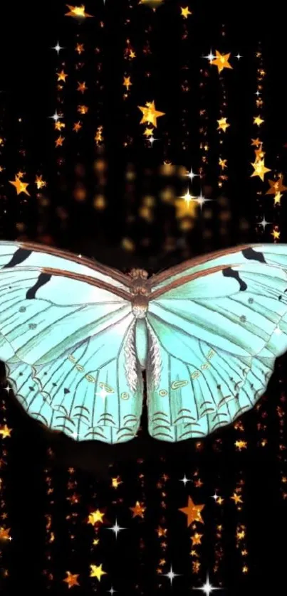 A vibrant butterfly with glowing stars on a dark background.