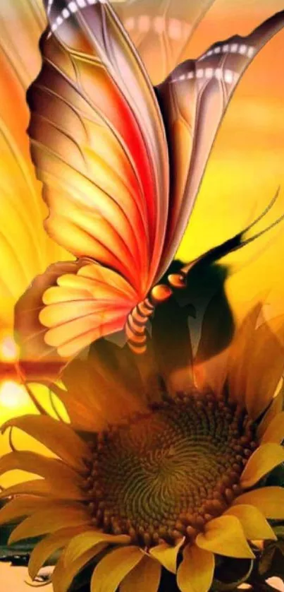 Butterfly resting on a sunflower with a vibrant sunset backdrop.