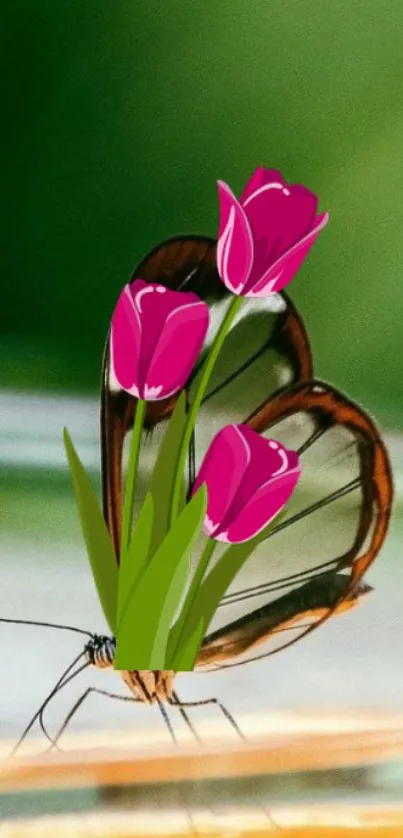 Butterfly with tulips merging in fantasy art.