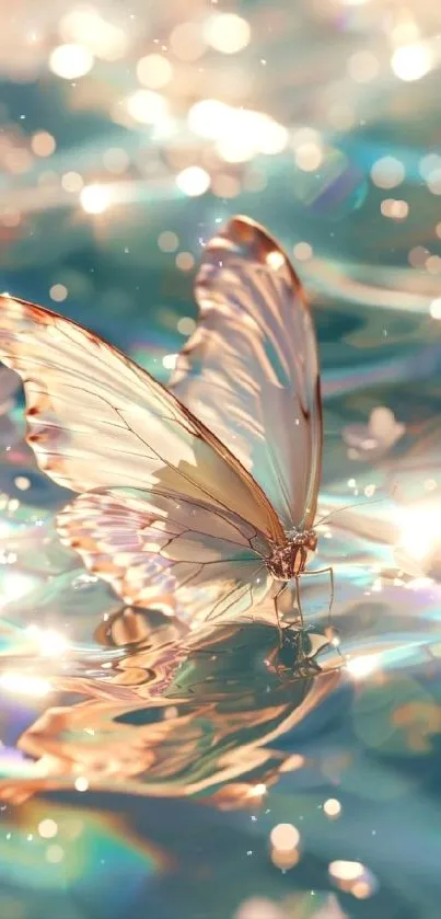 Ethereal butterfly with shimmering water reflections and pastel colors.