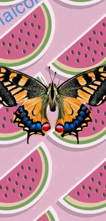 Colorful butterfly on pink watermelon-patterned wallpaper.