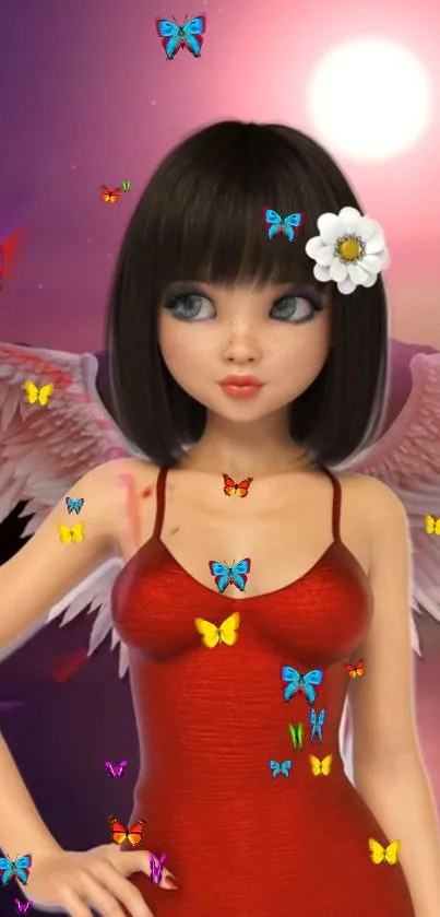 Fantasy angel with a red dress surrounded by colorful butterflies.