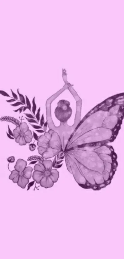 Woman with butterfly wings on light pink background.