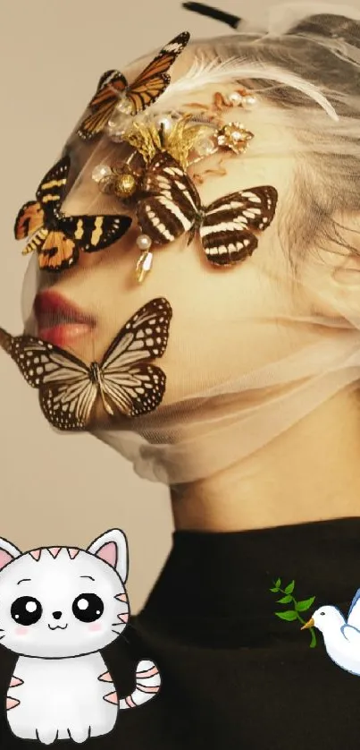 Mobile wallpaper with butterflies on face and cute cartoon animals.