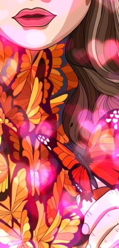 Artistic wallpaper with orange butterflies and elegant design.